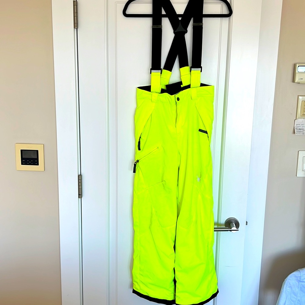 boys spyder neon yellow suspender ski pants sz 14